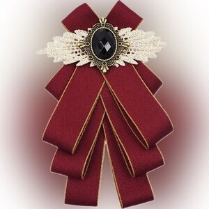 Unique Ribbon Bow Tie brooch Burgundy Black Rhinestone